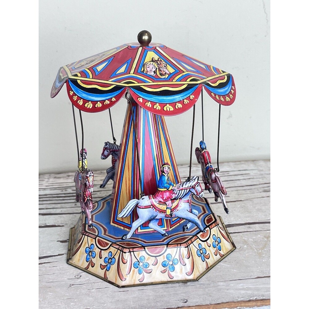 Vintage Josef Wagner Tin Horse Carousel Wind Up Mechanical Toy Germany Rare